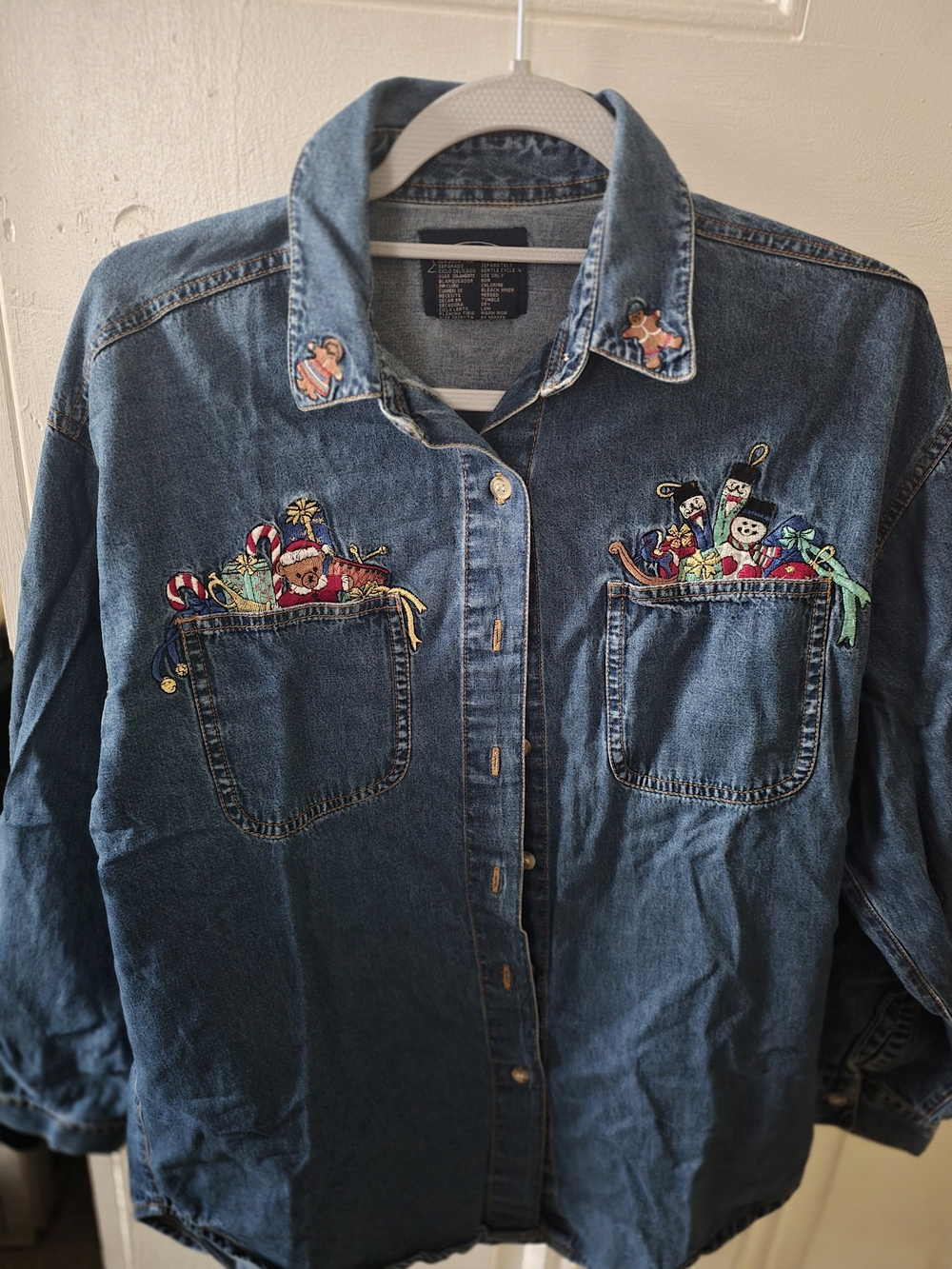 Embroidered Pocket Denim Shirt - Festive Toy Motif